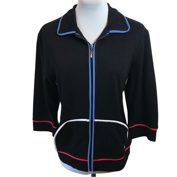 Onque Casuals Jackets & Blazers - Onque Casual Vintage Black Zip Front Jacket Colored Piping Size XL